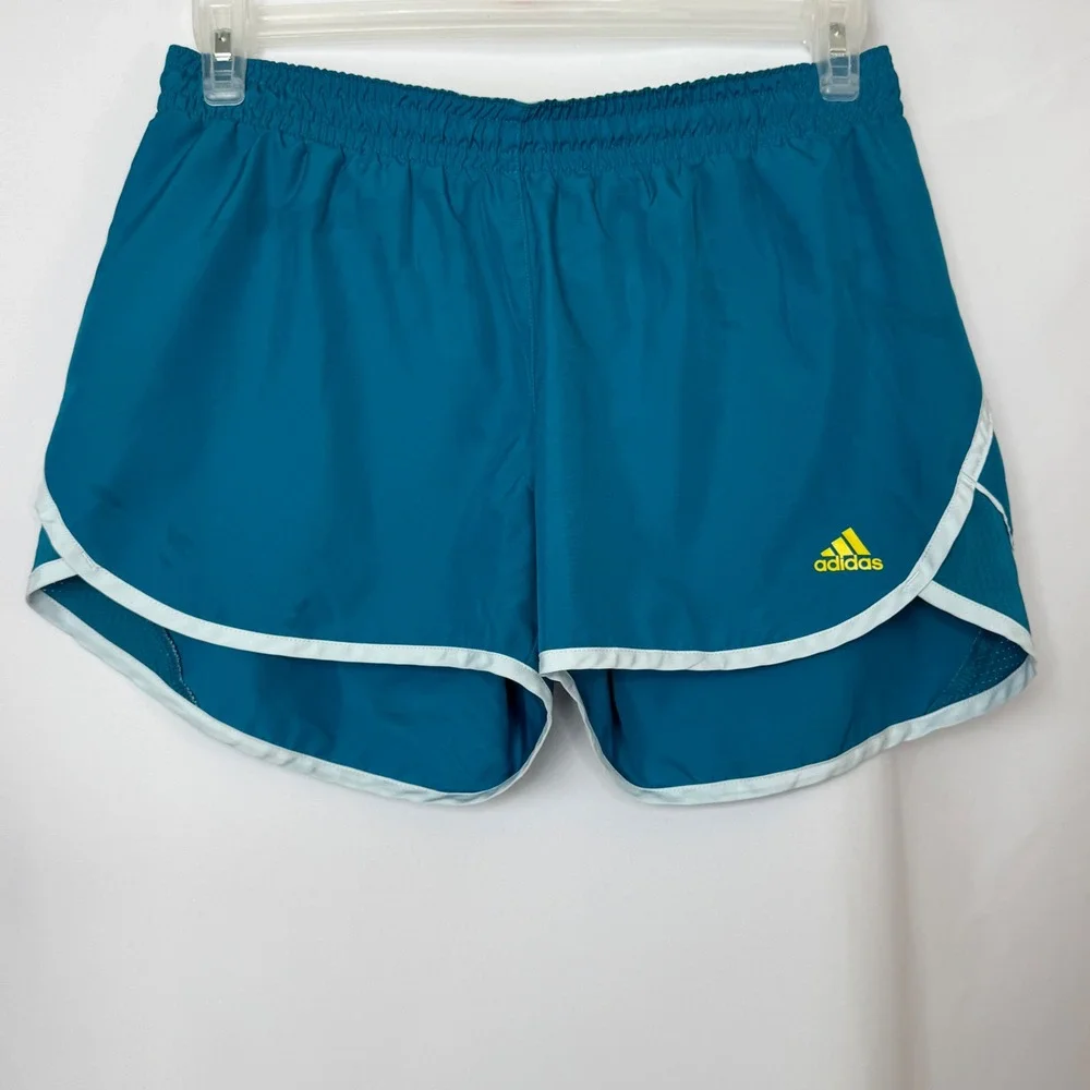 Adidas Womens Running Shorts Teal Blue White Trim Yellow Logo Size Medium